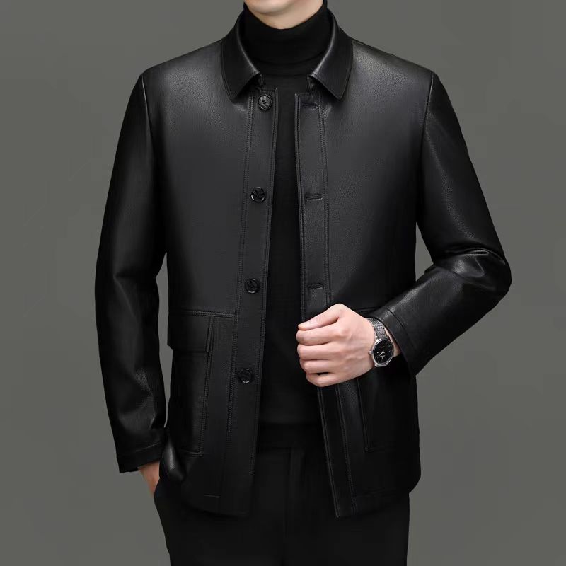 【海宁精选】男士秋冬商务休闲翻领（纽扣款)手工真皮山羊皮外套a