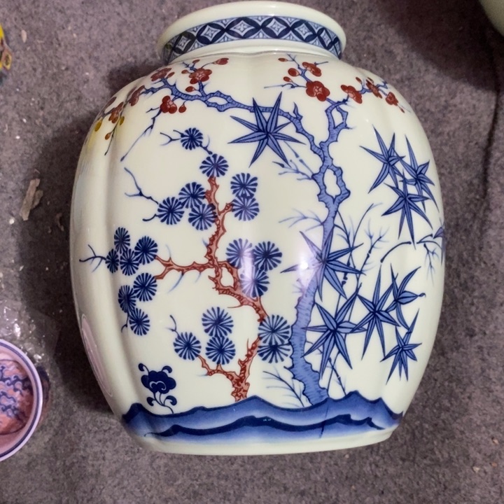 摆件陶绿稀土松竹梅大罐子