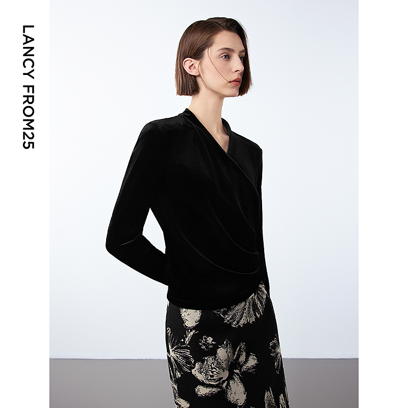 朗姿复古丝绒设计感围裹式V领气质修身衬衣法式高级感衬衫冬新款