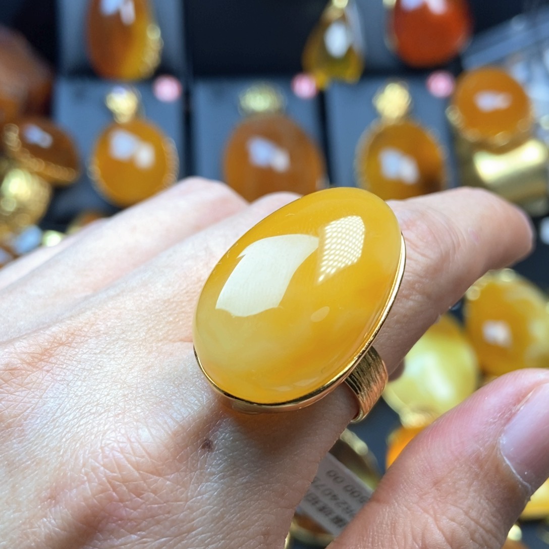 琥珀银S925镀金镶嵌戒指