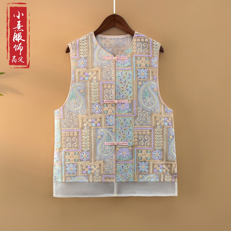 【彩篱】2025新款夏季马甲新中式女装宽松圆领网纱刺绣薄款上衣马夹