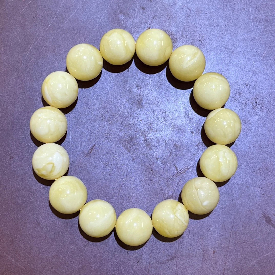 琥珀奶白浓蜡圆珠手串，14m+，24.48g，天然原矿保真
