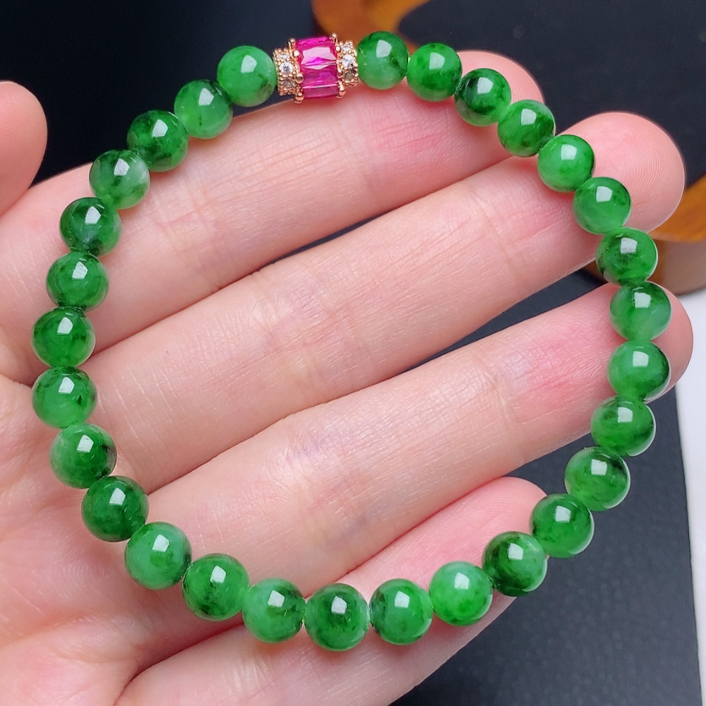 缅甸天然a货翡翠冰种辣绿圆珠手链卡6mm绿色满绿满色高冰