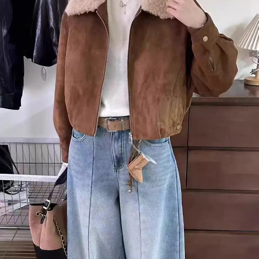 简约款美拉德麂皮绒翻领抽绳下摆复古港风短款夹克休闲百搭外套