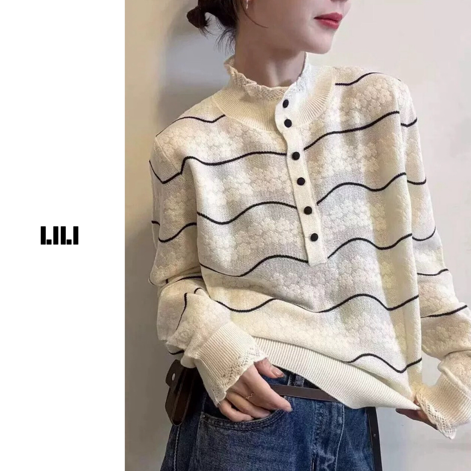 冬日软糖 南油档口同源 波浪条纹欧根纱羊毛精致花边撞色毛衣Q004