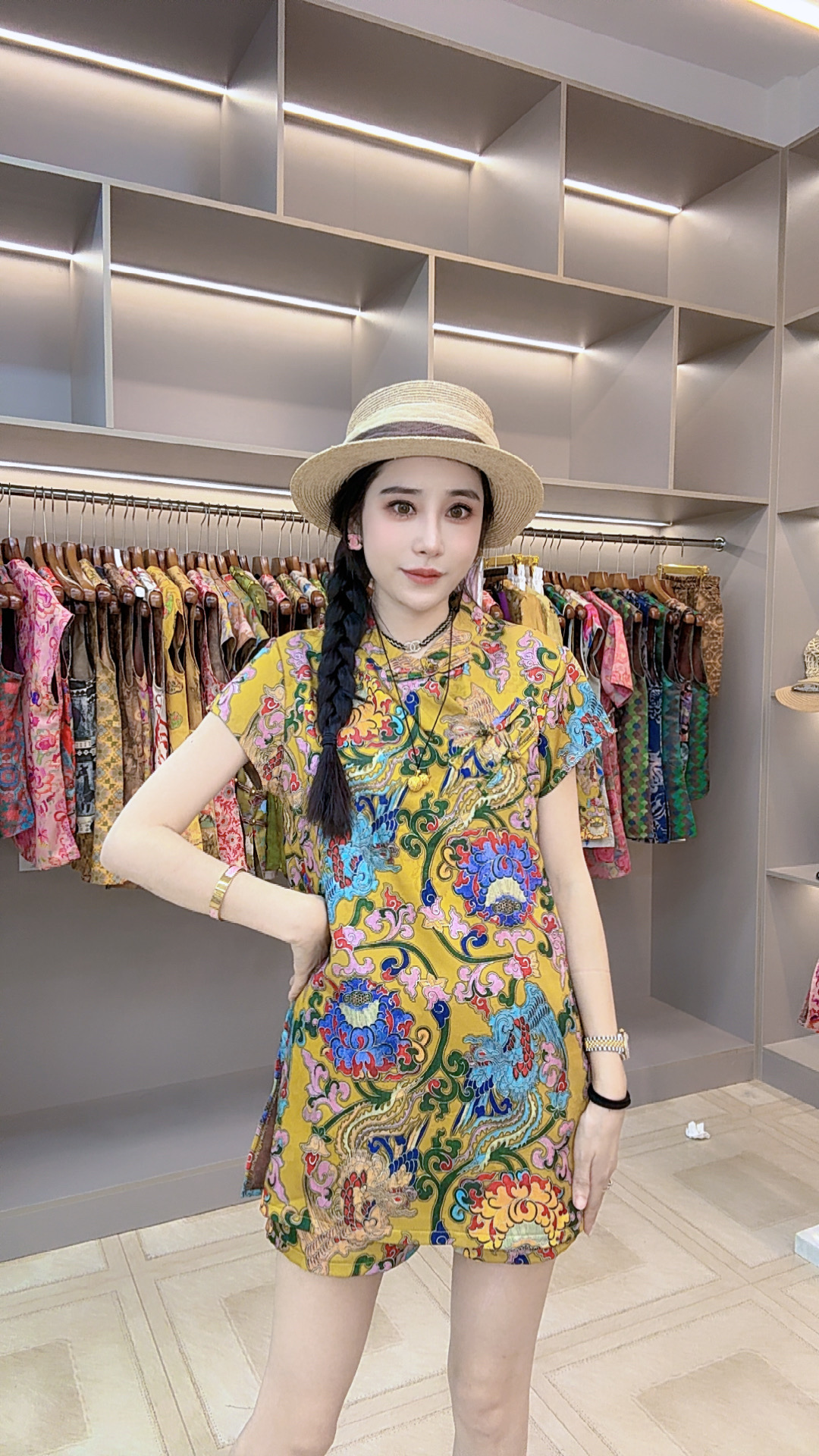 新中式半袖飞黄腾达旗袍短裤套装