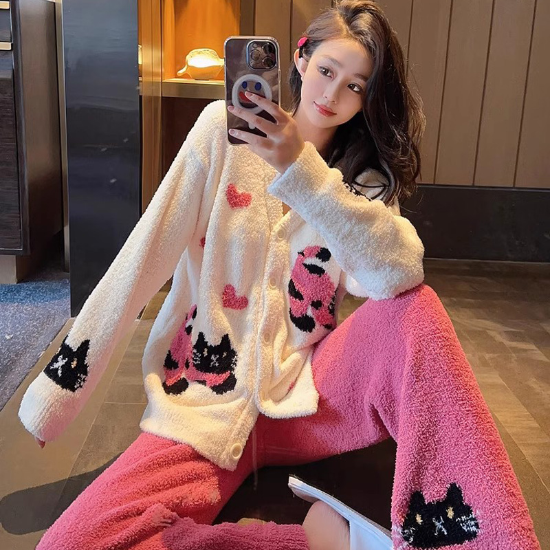 趣味爱心猫咪半边绒睡衣女秋冬软绵绵加厚保暖V领开衫家居服套装