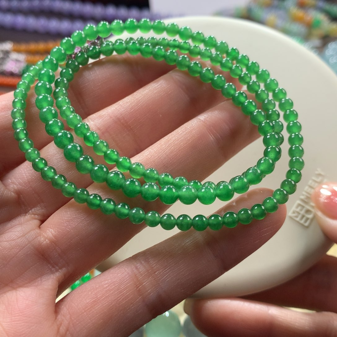 翡翠手链未镶嵌冰绿满色卡3.2-4.5