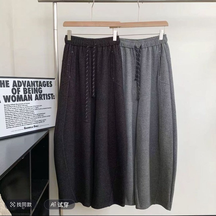 千蝶高端秋冬款时尚百搭加厚抽绳松紧高腰显瘦纯色弯刀阔腿裤女新