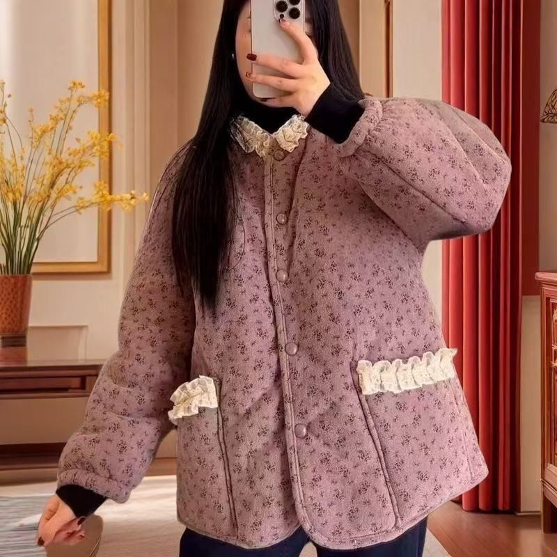 三层加绒加厚花边领碎花棉袄冬季保暖收腰显瘦百搭棉服女