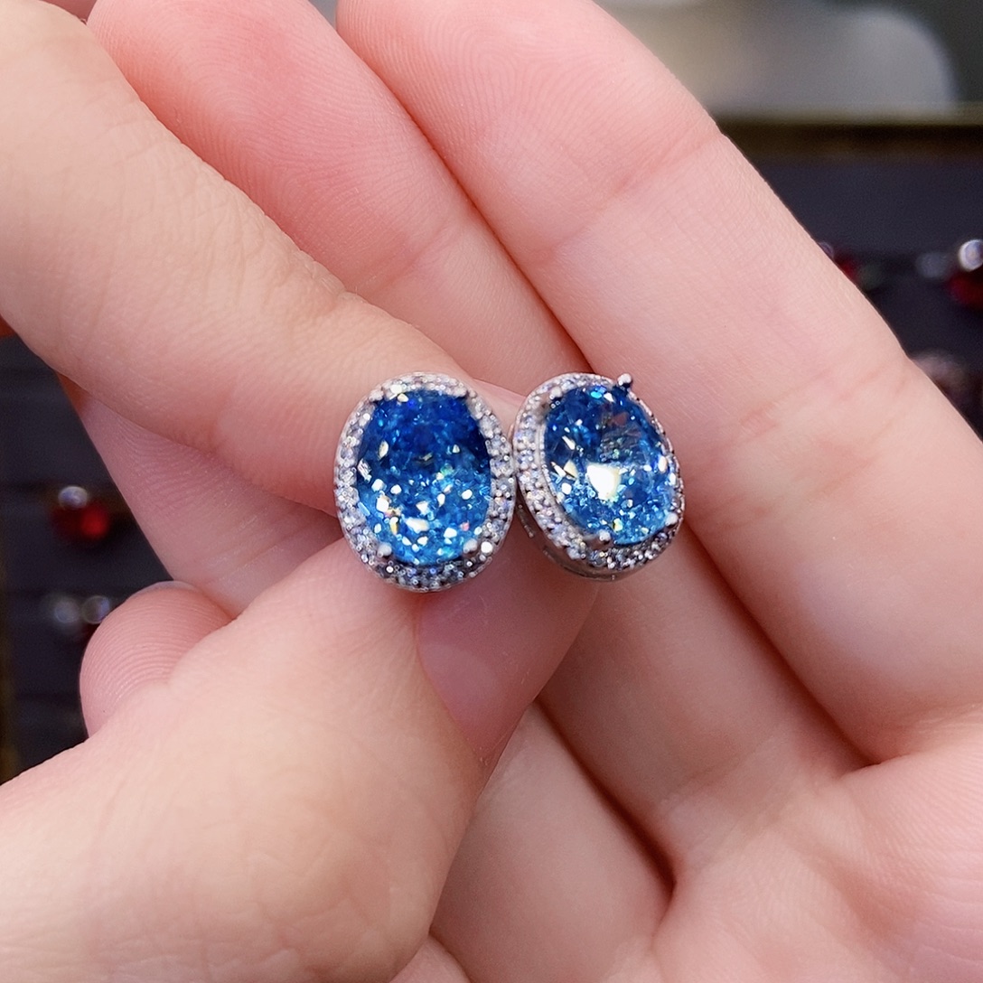 海蓝宝石耳饰银S925镶嵌