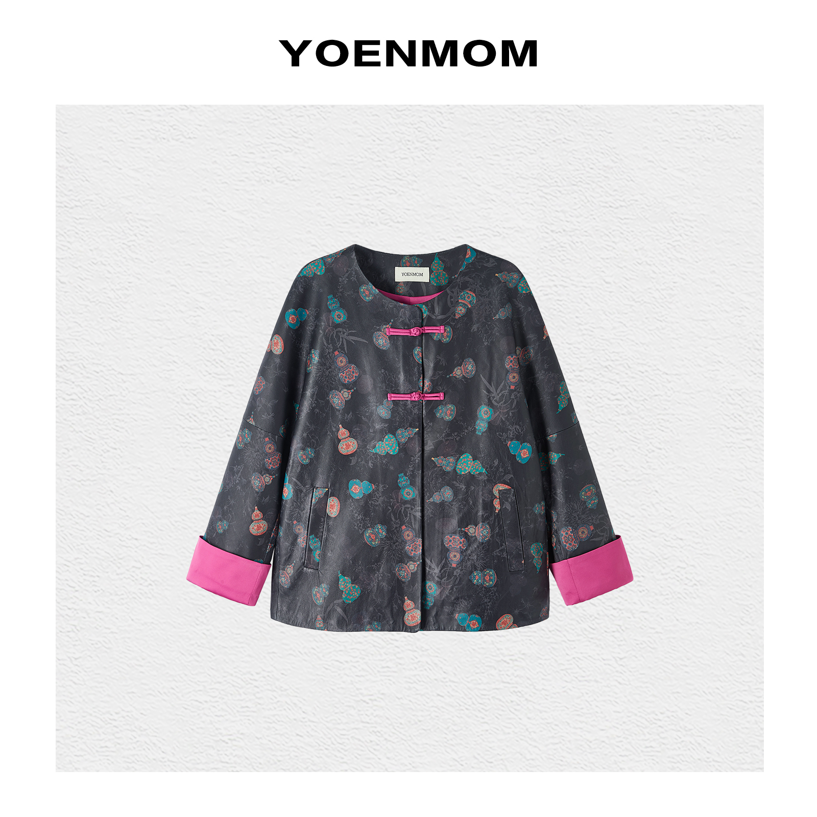 YOENMOM·多彩葫芦·柔软绵羊皮独特水转印花工艺撞色盘扣国风外套