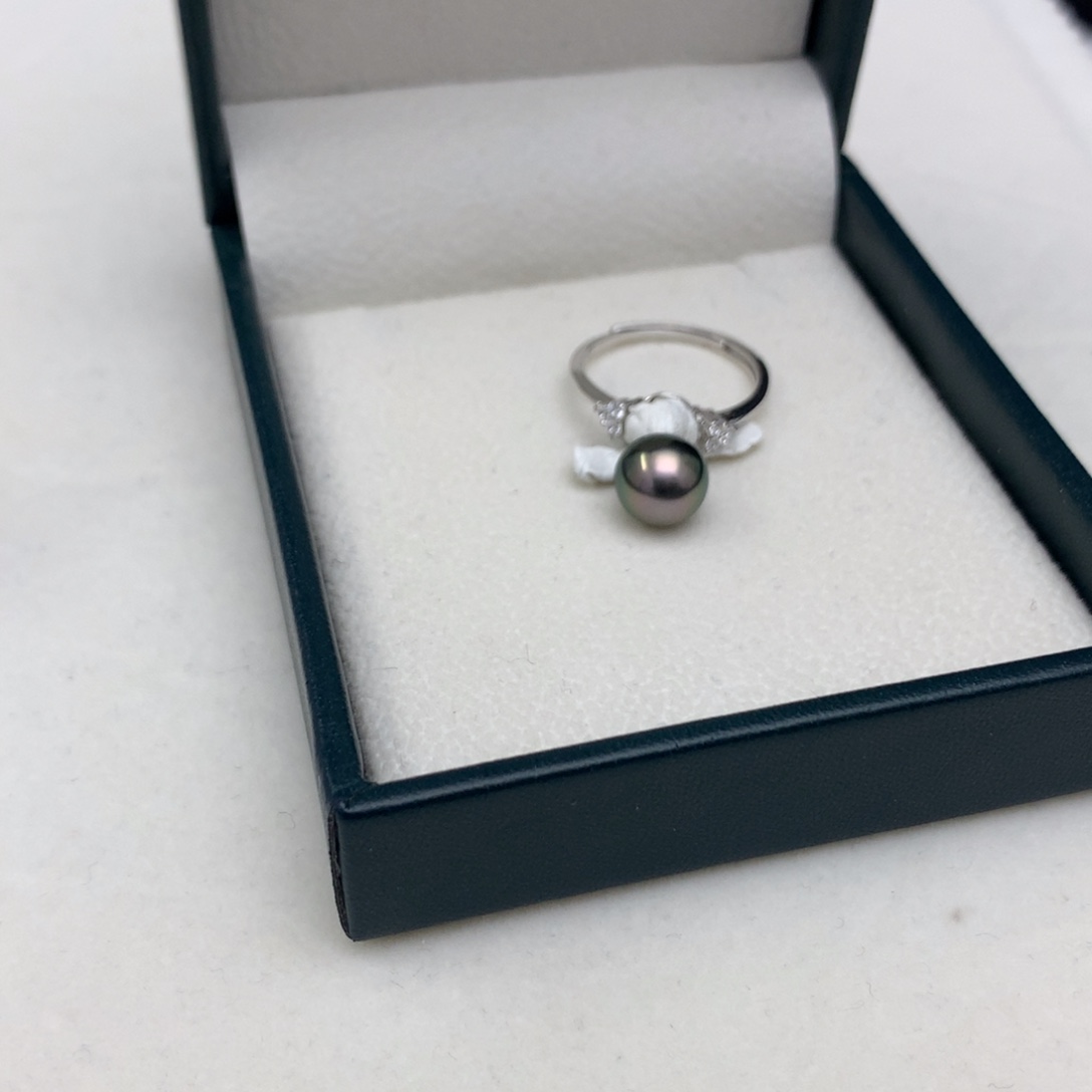戒圈银S925镶嵌海水珍珠8-9mm大溪地