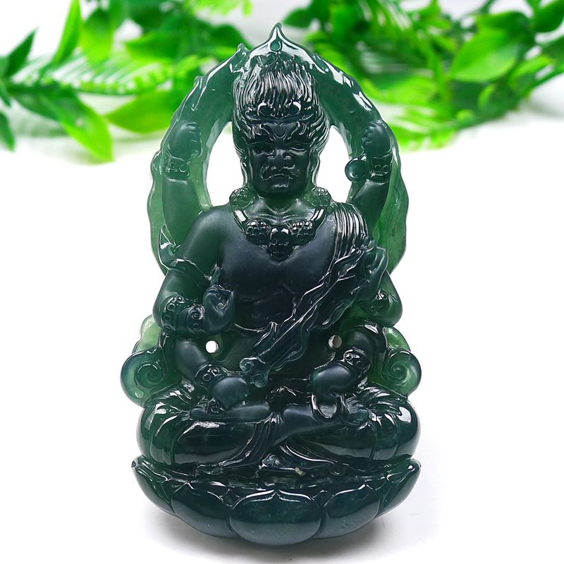 天然A货翡翠老蓝水镂空不动明王吊坠普度众生尺寸70.8-39-9.5mm