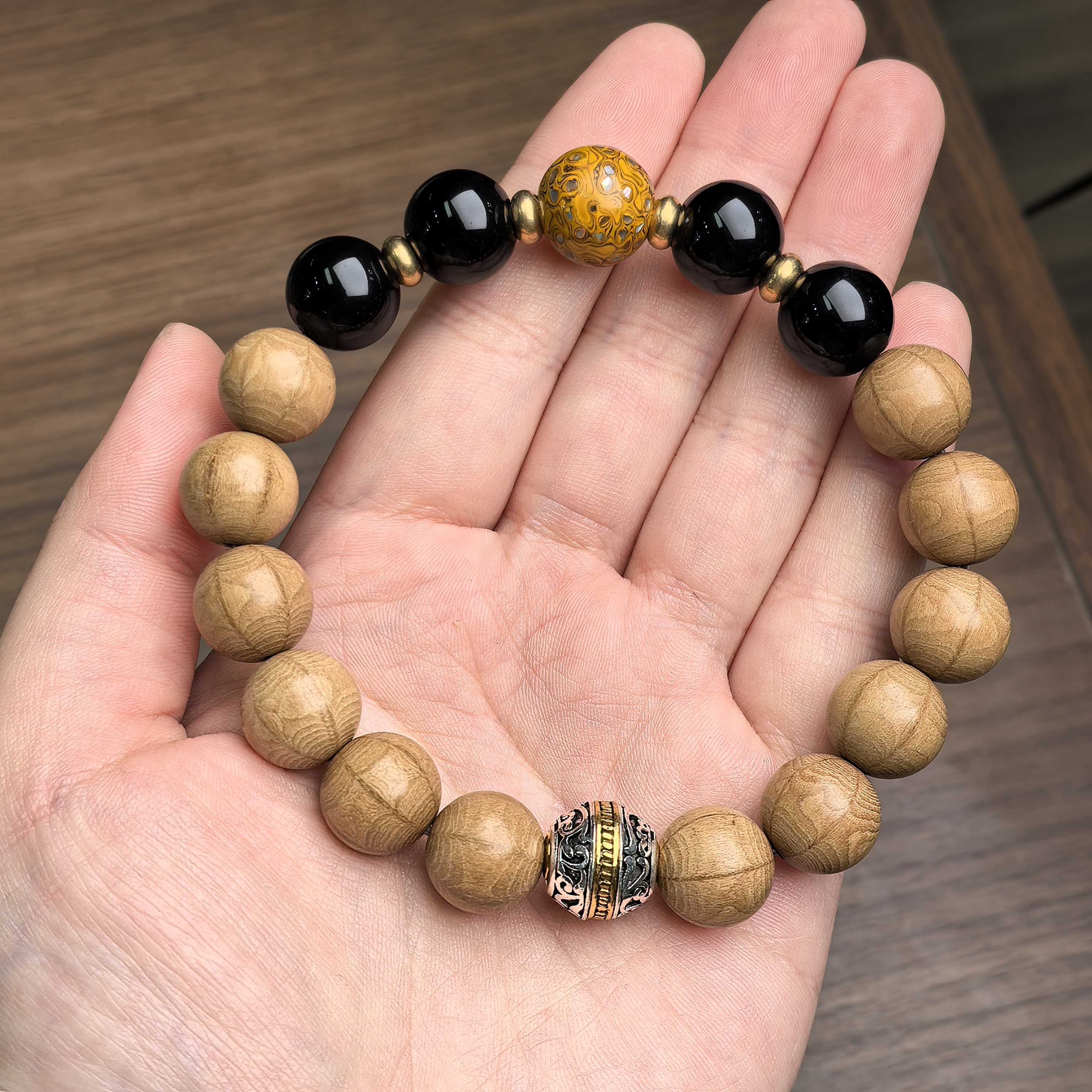 【上新了故宫】五台山六道木12mm配黑曜石配大漆合金配饰单圈手串