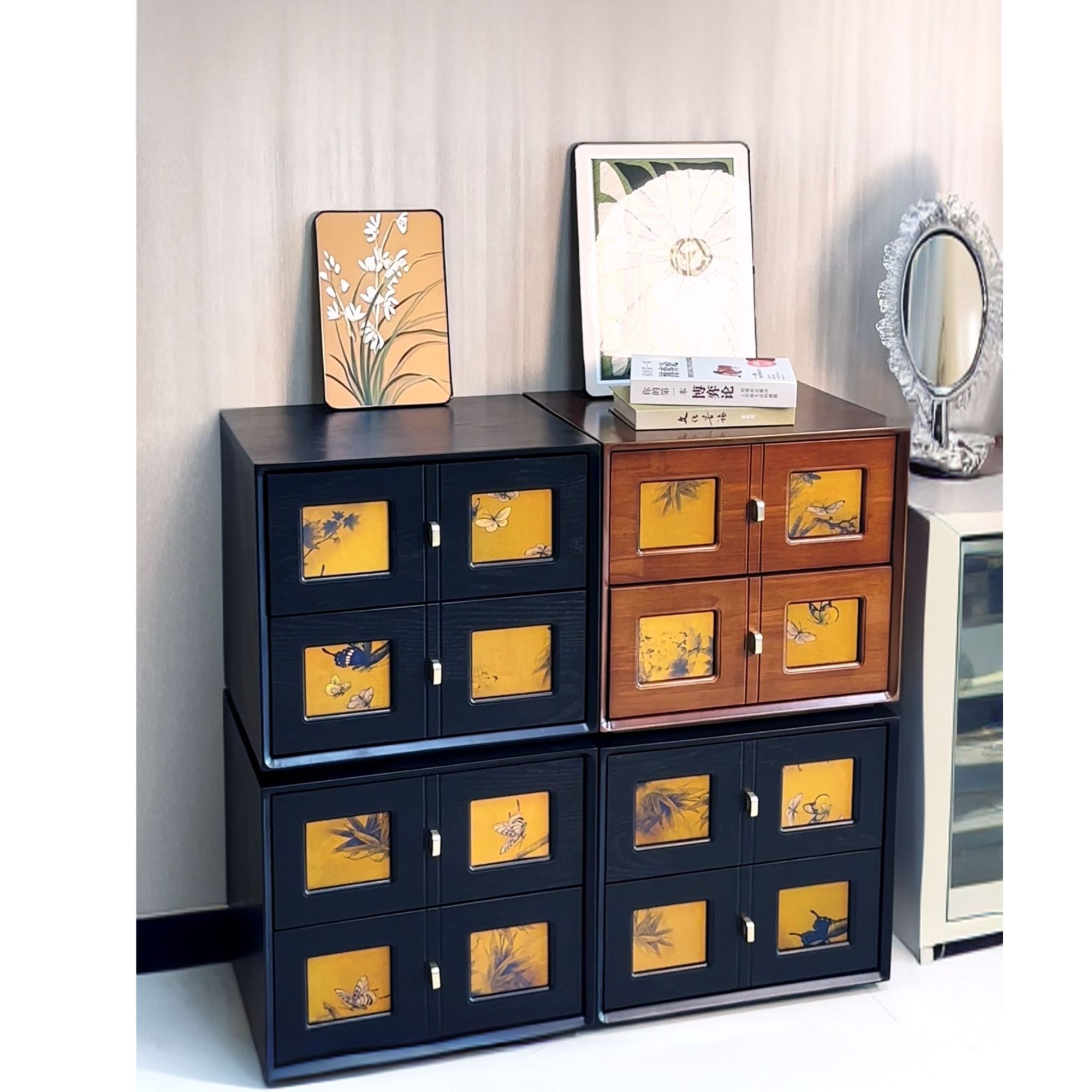 香云纱实木电视柜收纳柜储物柜柜子轻奢斗柜抽象图案复古风置物