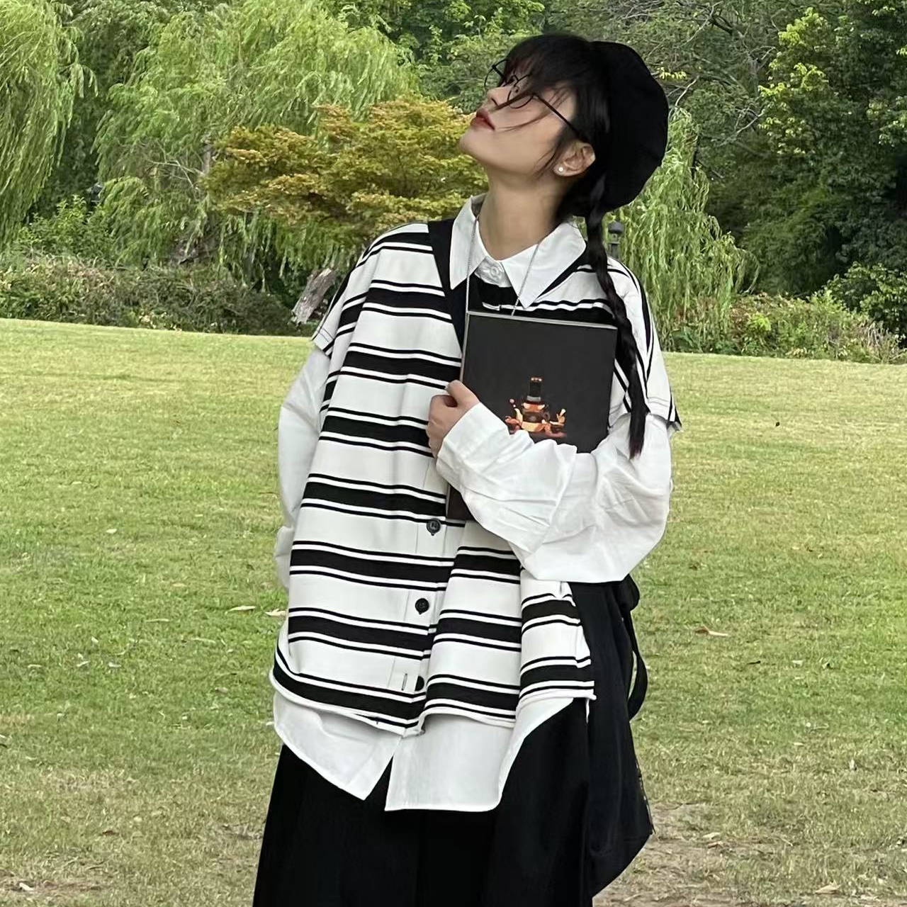 早秋新款条纹复古慵懒风马夹开衫451146款