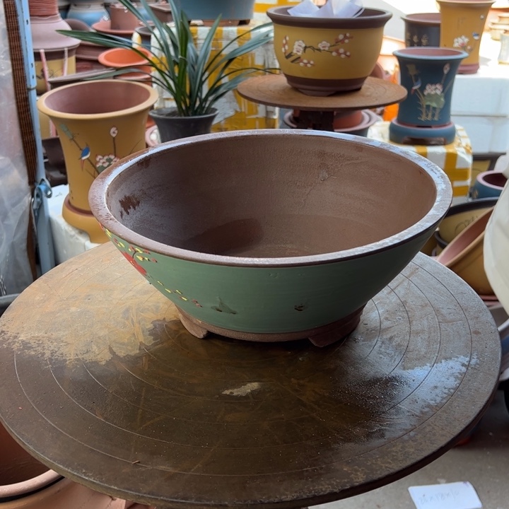 紫砂宜兴紫砂苹果绿斗盆大