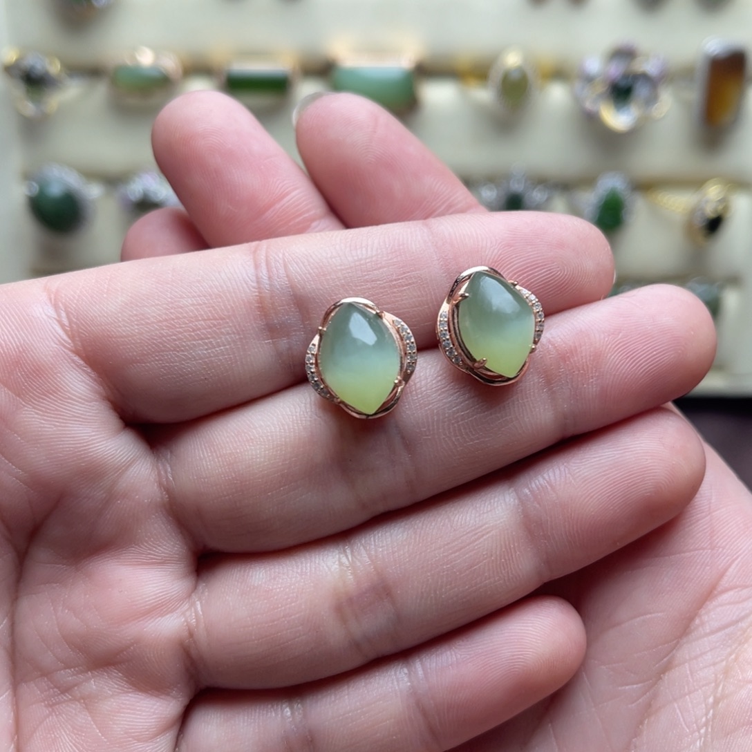 和田玉（碧玉）银S925镶嵌耳饰