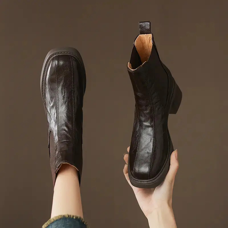 【XY】M006牛皮手工靴英伦风方头弹力靴短靴