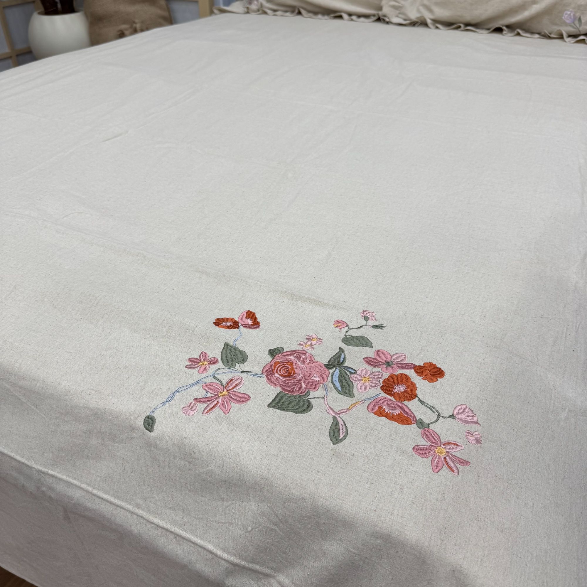 【麻代先生】汉麻玫瑰花蕾刺绣床单绣花米色230*250