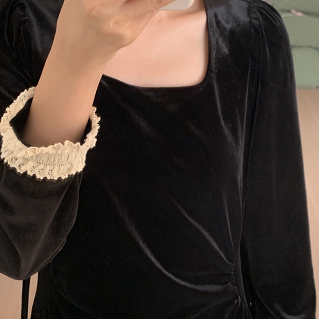 方领法式收腰小个子专属丝绒连衣裙