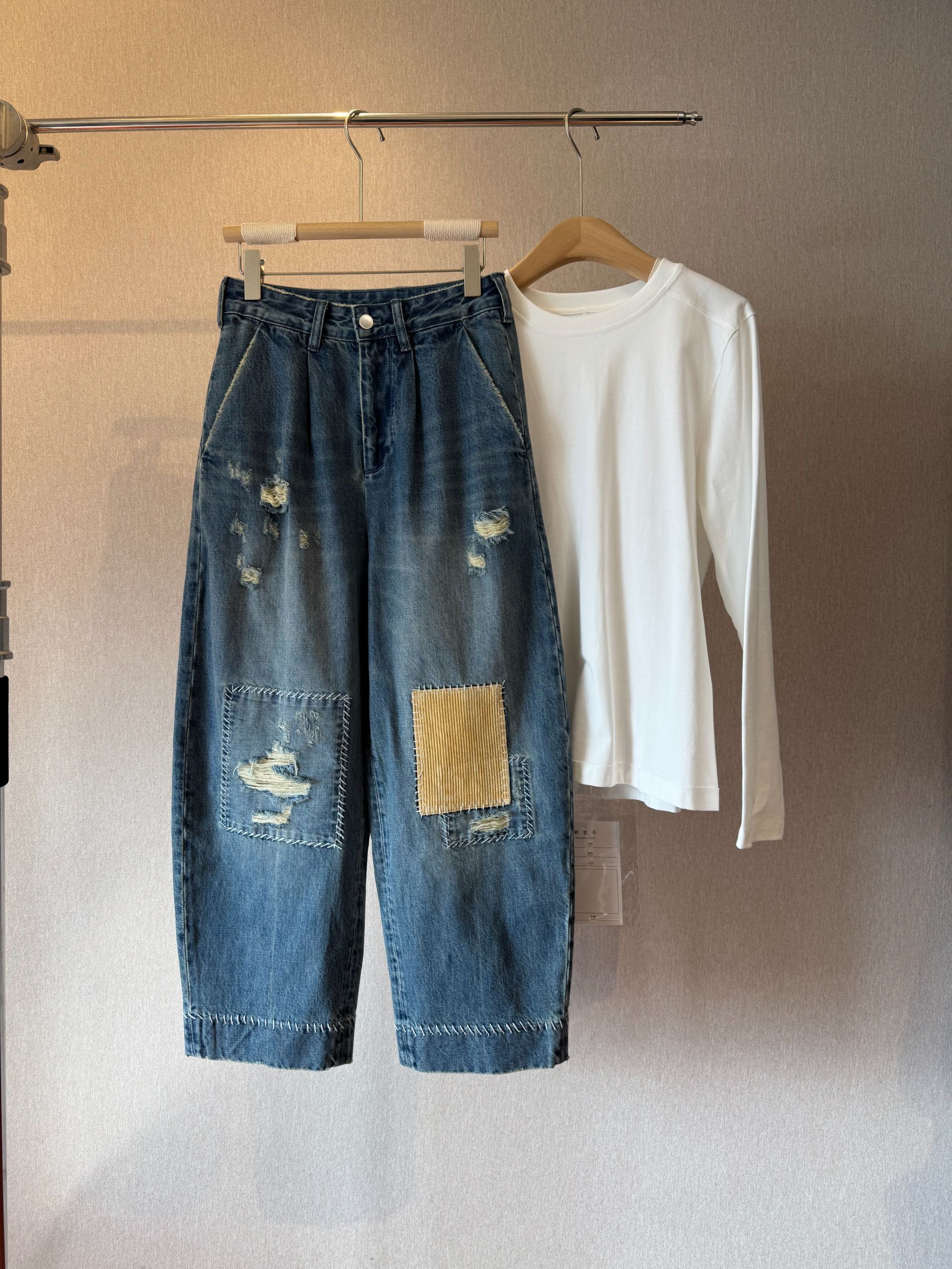 新款补丁阔腿牛仔裤B70403Y9时尚休闲宽松水洗百搭蓝色春夏直筒