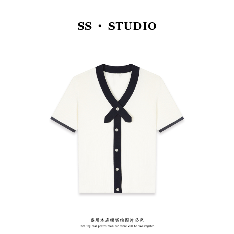 【SUSU】小香风气质休闲撞色V领短袖针织上衣SS-5393