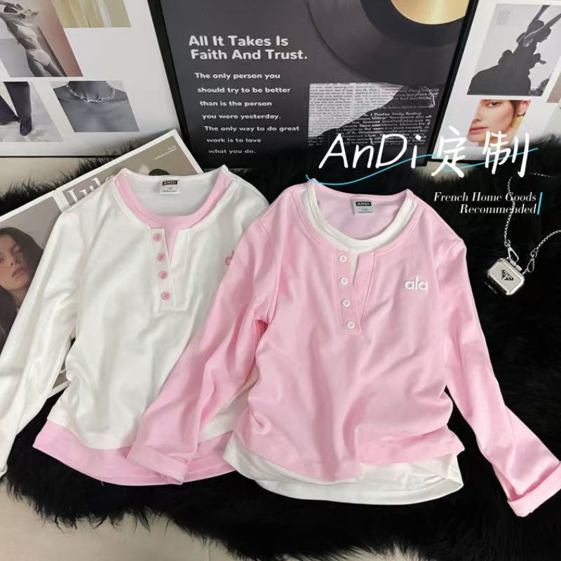 〖ANDI〗安迪订制秋季新款女童中大童圆领撞色假两件打底衫5143