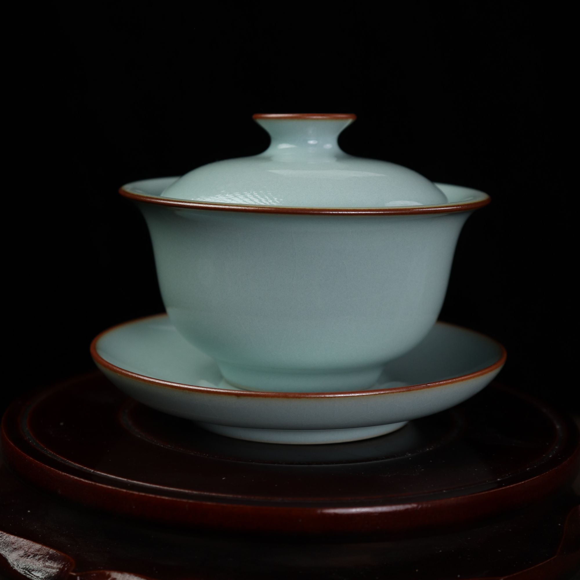 汝州汝瓷天青釉三才元宝盖碗丨全手工支钉烧 薄胎开片可养110毫升