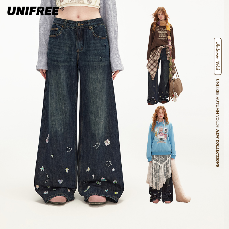 【金拐子专属】UNIFREE做旧牛仔裤女宽松阔腿U253P635P1P1