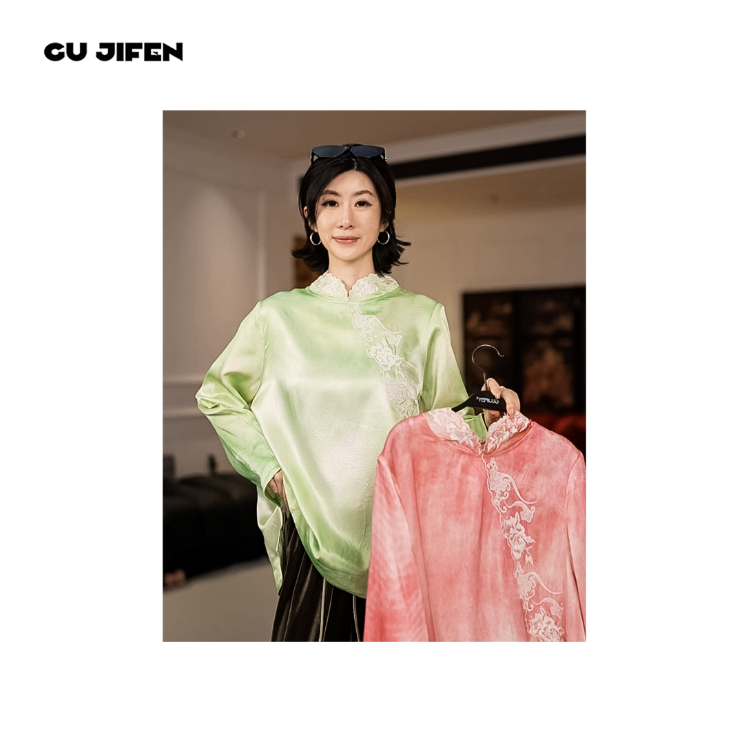 GU JIFEN｜粉雾玫瑰｜新中式刺绣贵气宽松显瘦衬衫 X56693