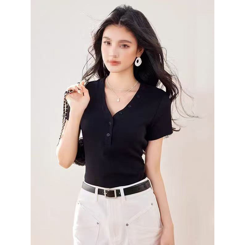 01-100夏季休闲桃心领短袖针织纯色V领T恤简约打底衬衫衫短袖