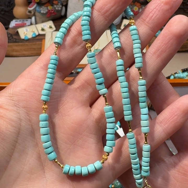 小***呼绿松石18K金镶嵌项链直切