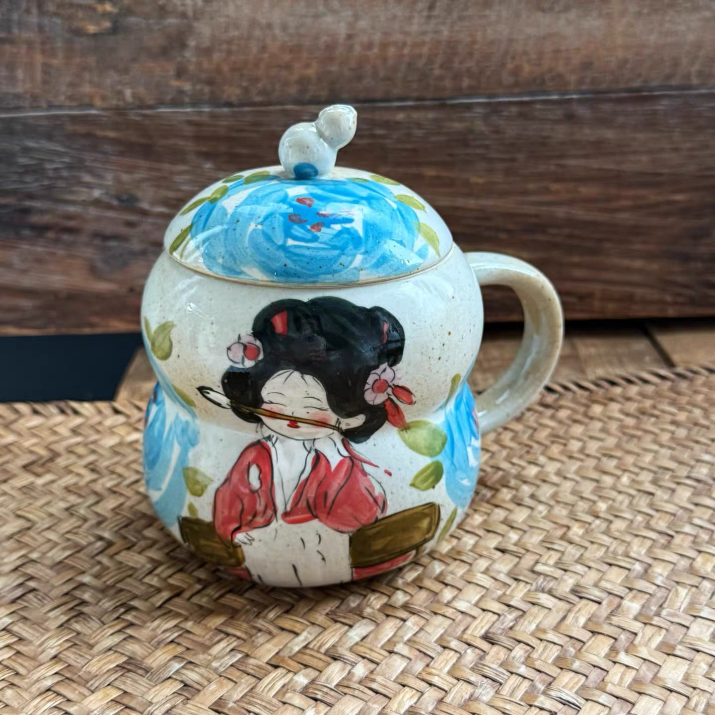 景德镇新中式手工陶瓷咖啡杯手绘唐美人葫芦杯盖400ml复古送礼
