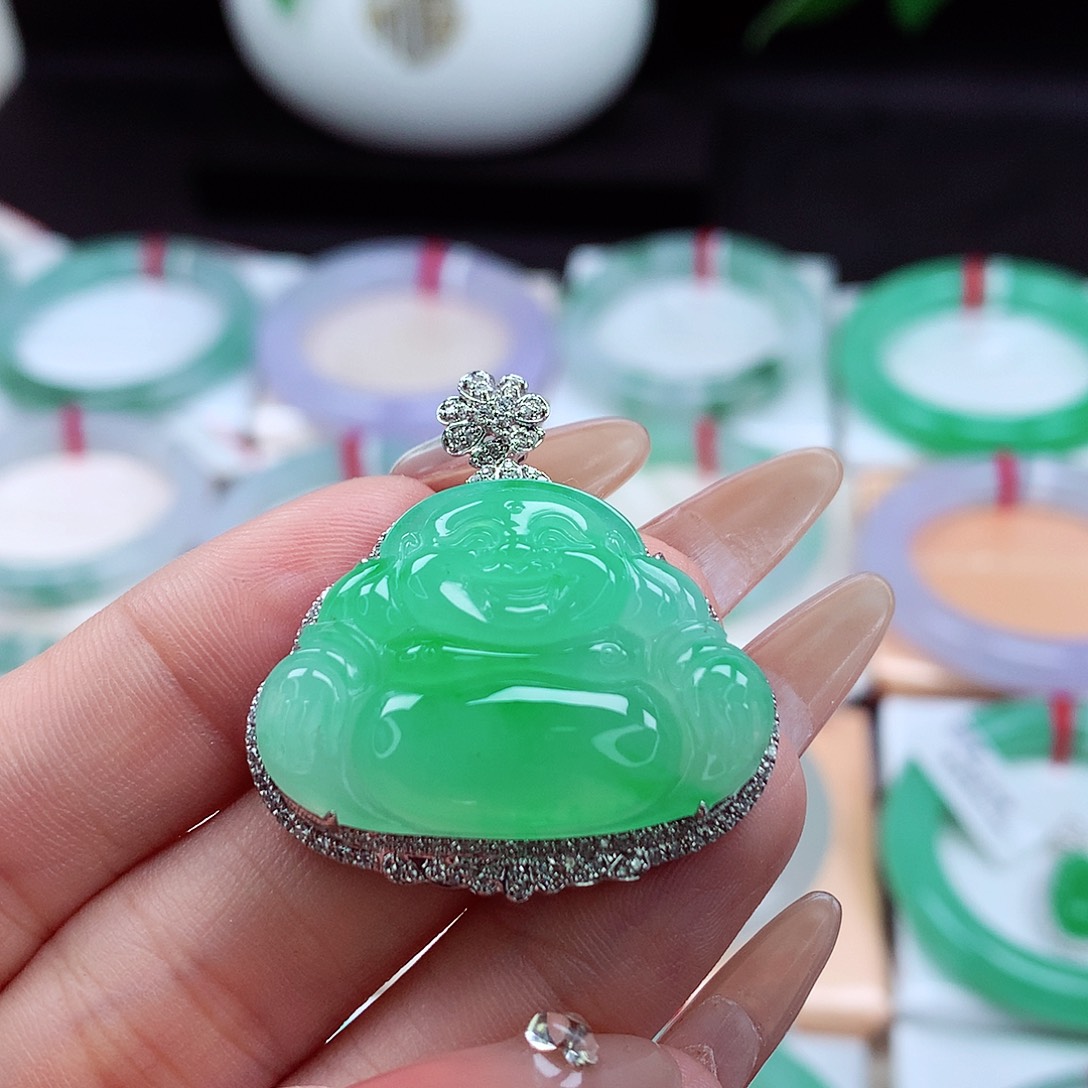 翡翠吊坠(不含链)18K金镶嵌冰飘绿 大佛公