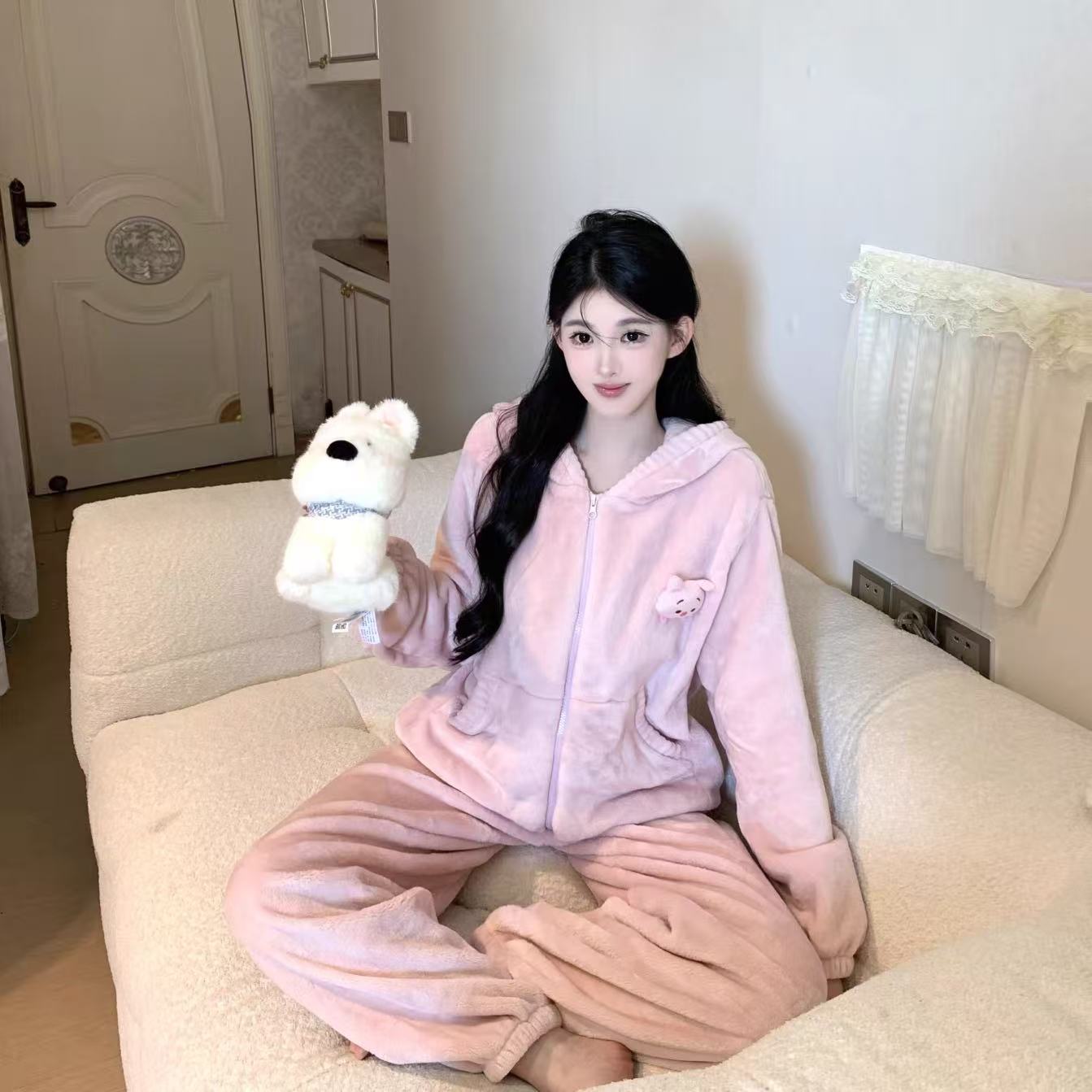 秋冬法兰绒甜美粉拉链连帽睡衣居家外穿加绒保暖舒适长袖套装3075