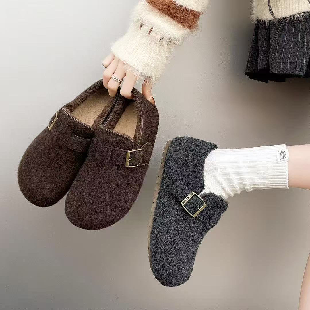 大趾王复古毛毡加绒勃肯鞋女冬季一脚蹬保暖毛呢软底外穿棉鞋931