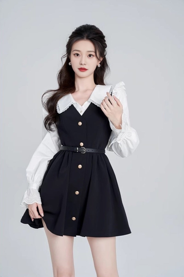 赫本风黑色背带连衣裙女春新款高级感大码女装显瘦气质收腰两件套