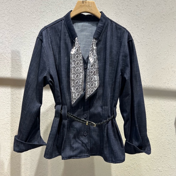 8052秋季新款法式复古气质百搭丝巾圆领宽松腰带牛仔衬衫女