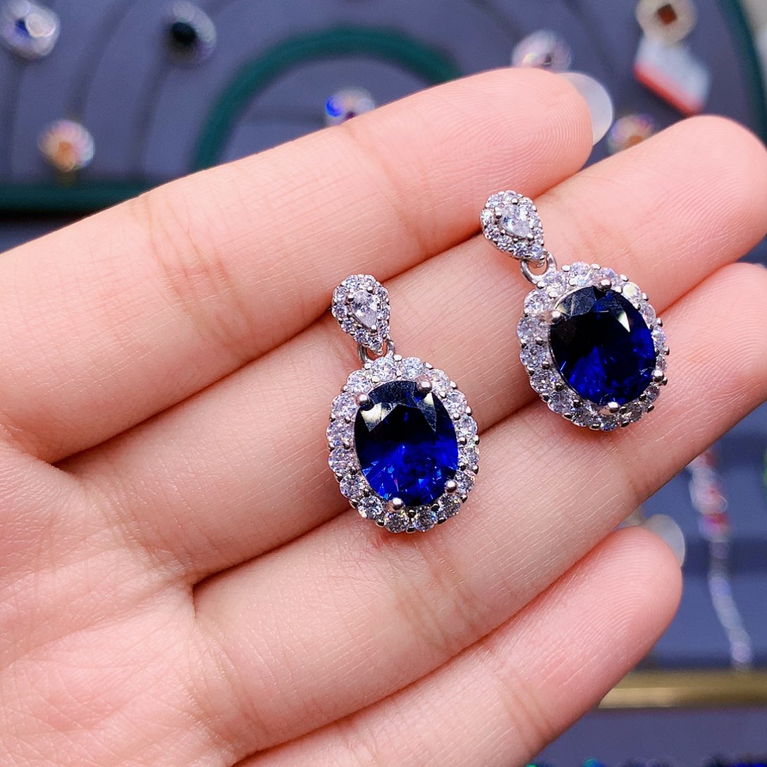 蓝宝石耳饰银S925镶嵌