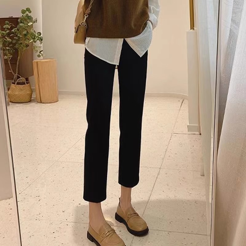 黑色烟管直筒牛仔裤女2025秋冬季高腰法棍裤小个子修身七八九分裤