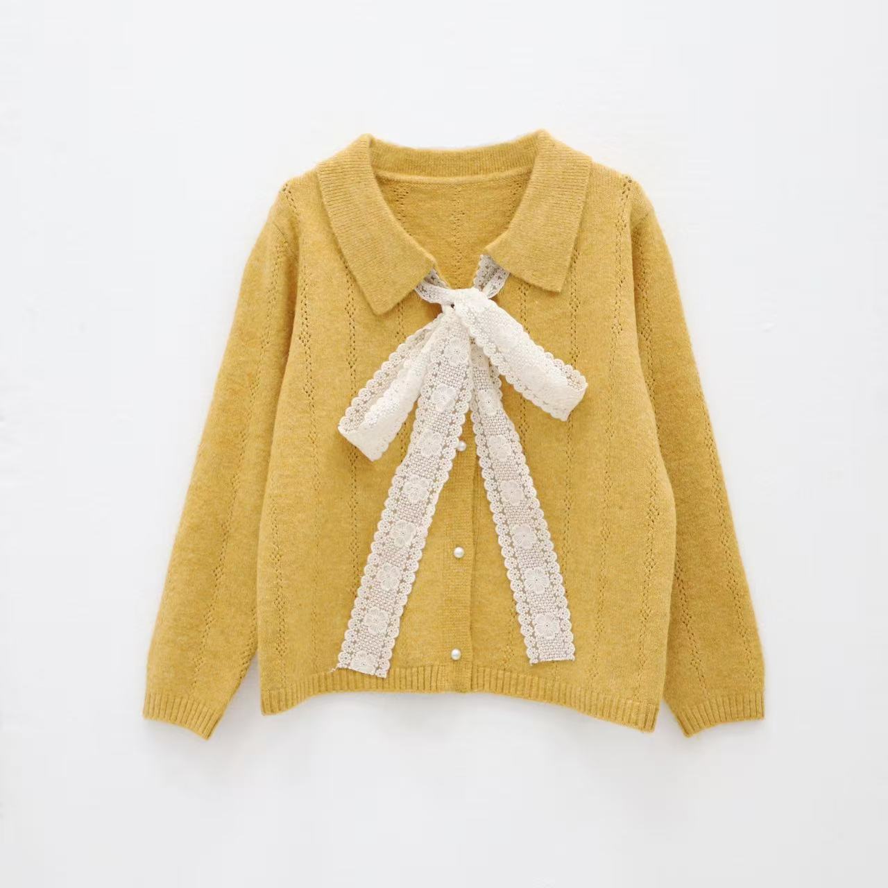 玳妮【蕾丝小香风】秋季新款设计感蕾丝蝴蝶结设计针织毛衣长袖翻领
