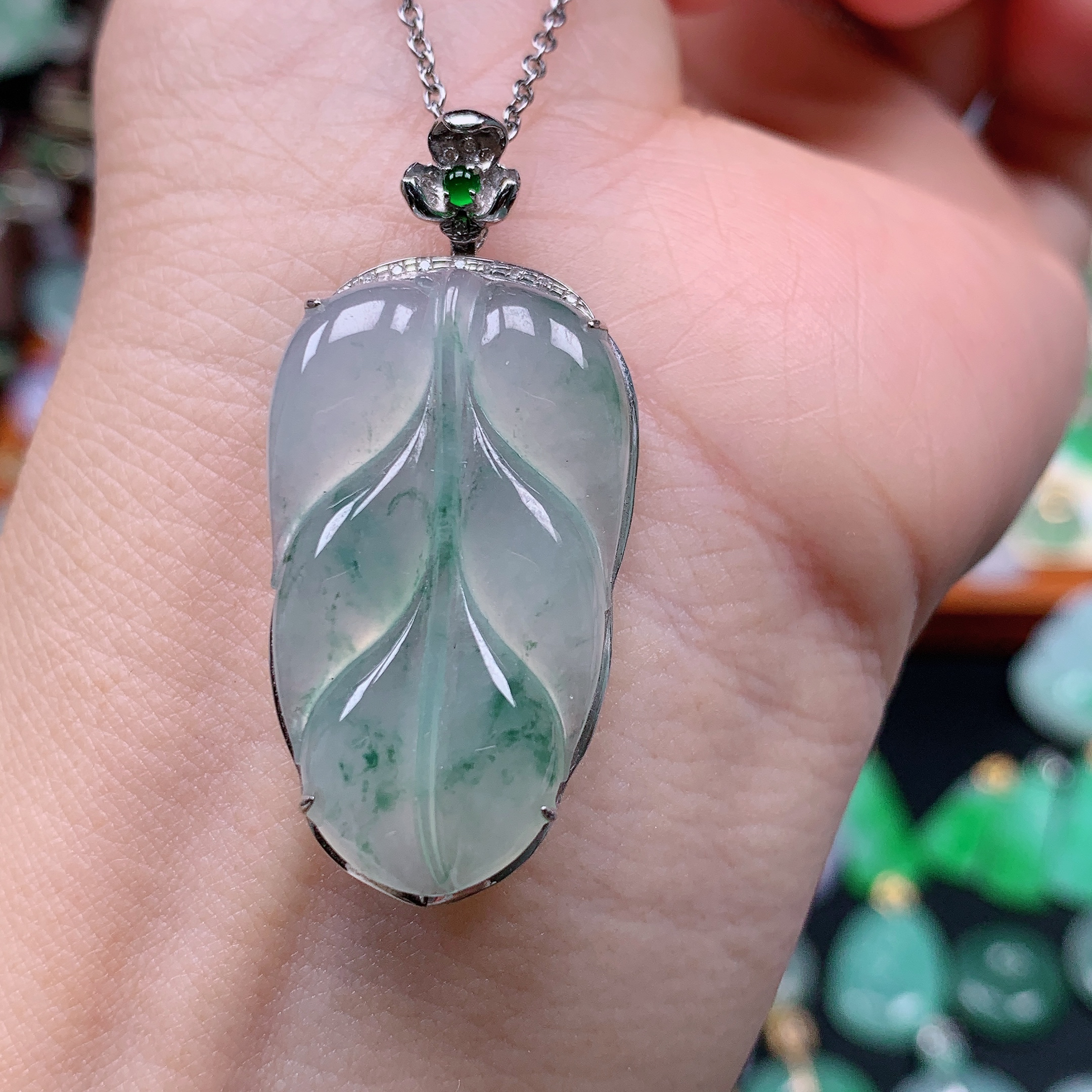 缅甸天然A货翡翠，冰飘花叶子 编号163/1212尺32-19.2-6.7