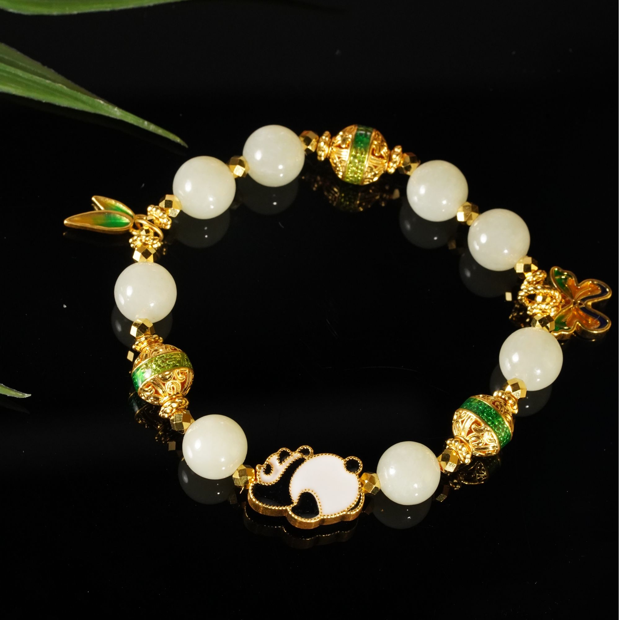 足金999【武林萌主】高温烧蓝珐琅可爱大熊猫竹叶花珠手串  SC099