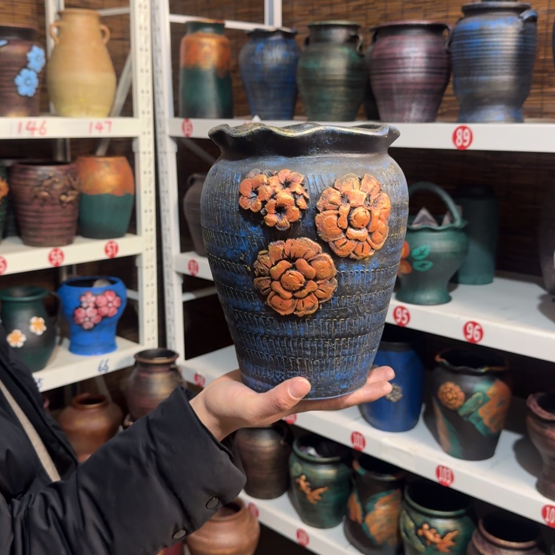 红陶红陶浮雕花盆炸炸炸