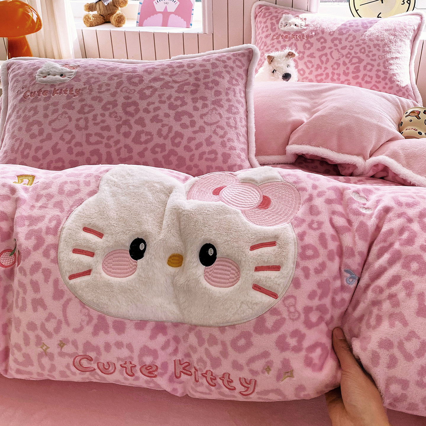 少女心牛奶绒贴布绣床上四件套冬季加厚毛绒被套珊瑚绒床单三件套