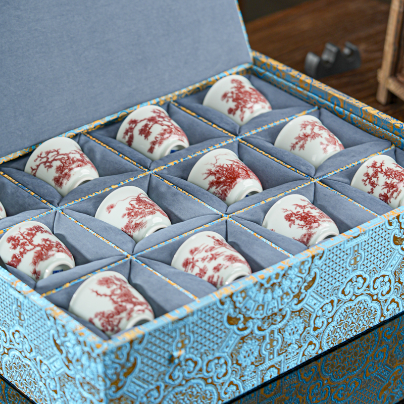 【小乔赏瓷】古窑御器釉里红十二花神杯套组gyyq859