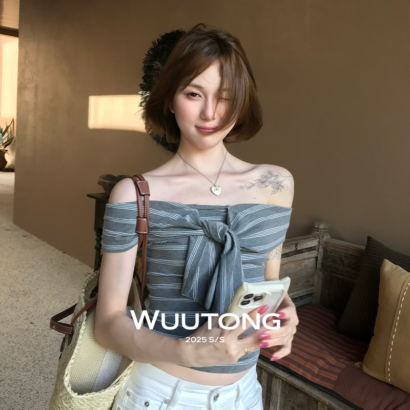 WuuTong【左岸巴黎】夏季法式无袖设计小众一字肩收腰修身多穿上衣