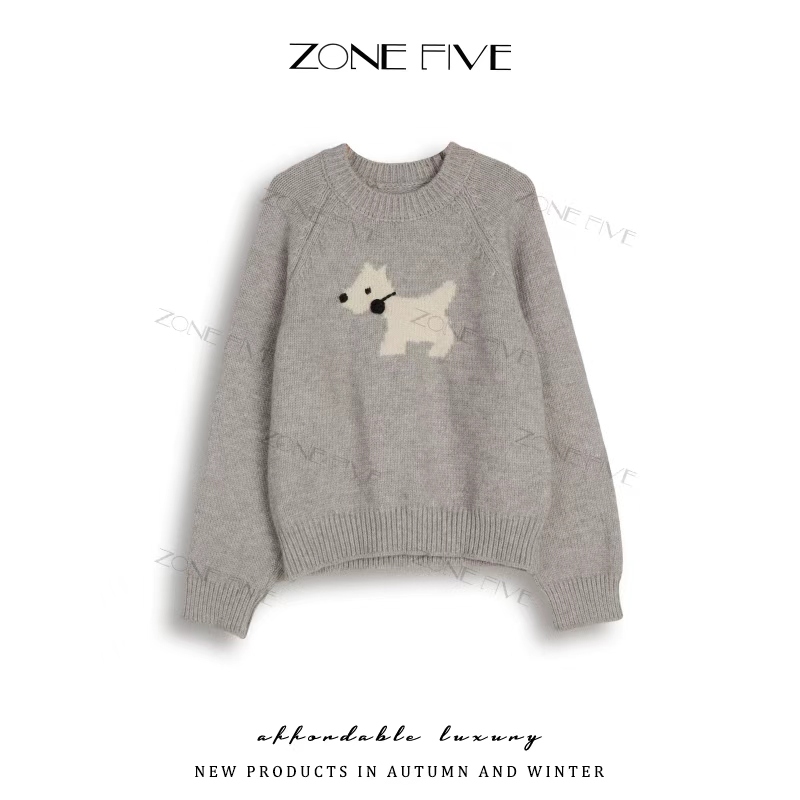 减龄卡通小狗针织毛衣打底衫圆领长袖秋冬内搭女上衣